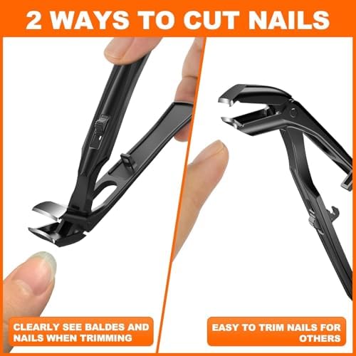 Toenail Clippers for Thick Nails for Seniors, Angled Head Long Handled Toe Nail Clippers for Seniors Men with Wide Jaw Opening, Heavy Duty Large Finger Nail Clippers Adult Cutter with Catcher, Black