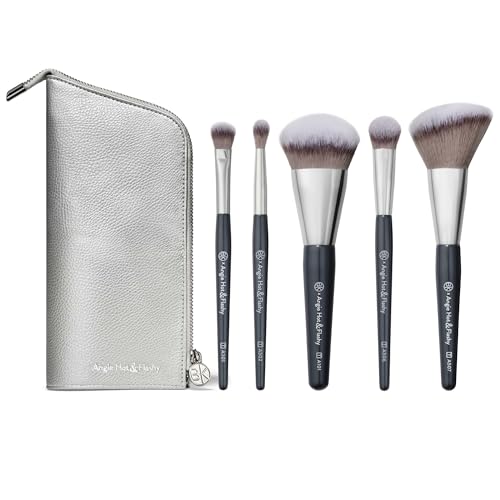 BK BEAUTY BRUSHES - ANGIE HOT & FLASHY Travel Brush Set with Pouch - Foundation Makeup Brushes - Brush for Liquid or Cream Foundations - Under-Eye Concealer | Bronzer, Blush & Highlighter Makeup Brush