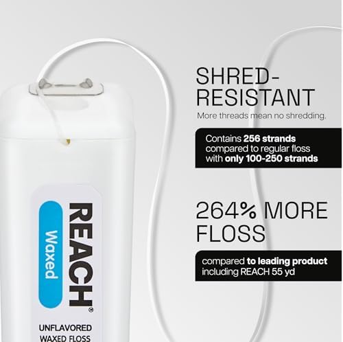 REACH Waxed Dental Floss, Unflavored, 3.6X More Value, Plaque Remover for Teeth, Shred Resistant, Floss Slides Smoothly, Easy to Use, Waxed, Oral Care, PFAS Free, for Adults & Kids, 2 Pack, 200 yd