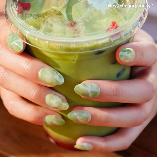 Semi Cured Gel Nail Strips | No LED Lamp Needed | Summer, Marble, Green | Easy Apply & Remove, Salon Quality | Includes 28 Strips, 1 Prep Pads, Nail File & Wooden Stick - Hey, Feeling Lucky?