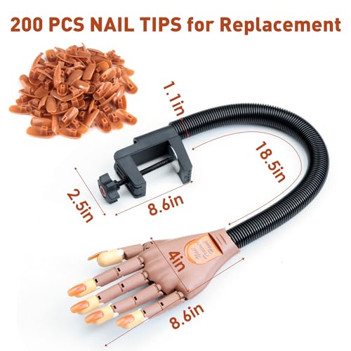 Acrylic Nails Flexible Practice Fake Hand, BORNBYME Nail Training Adjustable Finger Kits, Fake Nails Hands for Nail Beginner Practice with 200 PCS Nail Tips