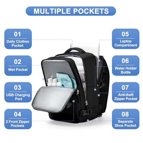 coofay Black Travel Backpack Carry on Flight Approved Mochila De Viaje Personal Item Backpack for Airlines Frontier Airlines Personal Item Bag Large Backpack for Travel Backpacks for Men Women