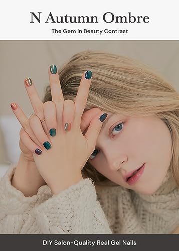 ohora Semi Cured Gel Nail Strips (N Autumn Ombre) - Green/Brown Works with Any UV/LED Lamps, Salon-Quality, Long Lasting, Easy to Apply & Remove - Includes 2 Prep Pads, Nail File & Wooden Stick