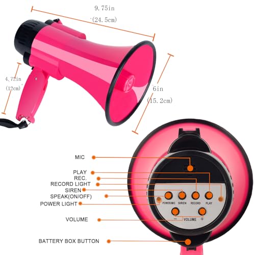 30 Watt Power Portable Megaphone Bullhorn Speaker Voice, Siren/Alarm and 240S Recording with Volume Control and Strap (DeepPink)