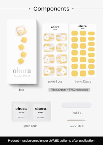 ohora Semi Cured Gel Nail Strips (P Sun Daisy) - Yellow, Patterned, Works with UV/LED Lamps, Salon-Quality, Long Lasting, Easy to Apply & Remove - Includes 2 Prep Pads, Nail File & Wooden Stick