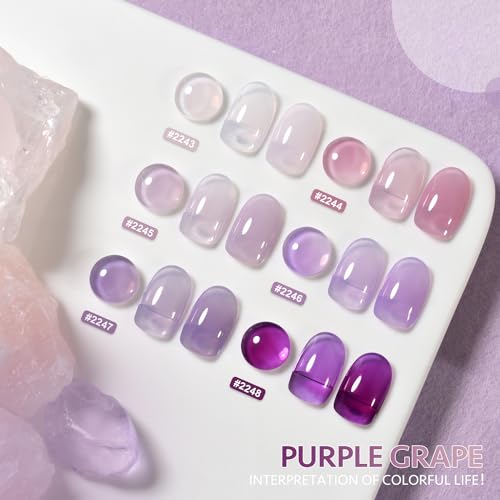 GAOY Jelly Purple Gel Nail Polish Set, 6 Transparent White Pink Colors, UV Light Cure Gel Polish for Salon and Nail Art DIY at Home