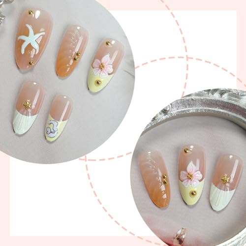 30Pcs Summer Press on Nails Almond Medium Fake Nails with 3D Flower Starfish Design Gold Bead Handmade Acrylic Nails French Tip Nails Artificial Nails Full Cover Glue on Nails for Women