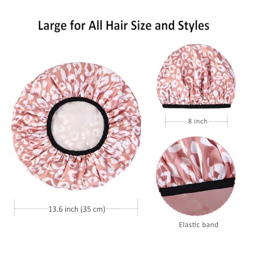 2-Pack Reusable Waterproof Shower Caps for Women, Double-Layer Elastic Bath hat,Extra Large Hair Cap for Long Curly Hair（White, Pink）
