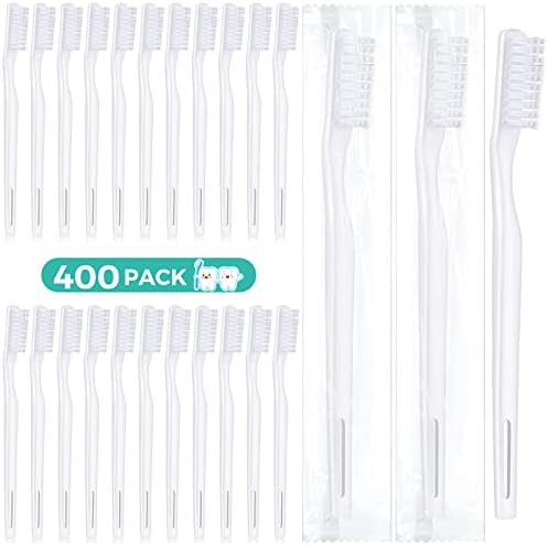 400 Pack Individually Wrapped Disposable Toothbrush Bulk Hard Bristle Adult Manual Tooth Brush Travel Toothbrushes Single Use Toothbrush for Homeless Women Men Hotels Guest Rooms, White