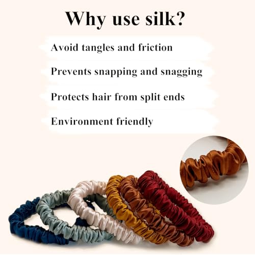6 Pcs Set 100% Pure Mulberry Silk Hair Scrunchies Silk Hair Ties with 6 Chic Colors Everyday Skinny Scrunchies Silk Ponytail Holders Hair Care No Damage (Vintage)
