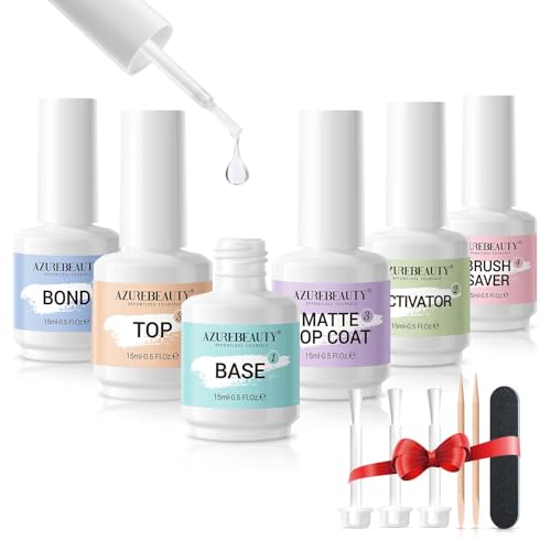 AZUREBEAUTY Dip Powder Liquid Set Bond, Base, Glossy Matte Top Coat, Activator, Brush Saver Dipping Powder Essential Tools No Nail Lamp Needed 0.5Fl oz 15ml 6Pcs