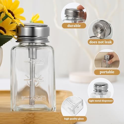 3 Pcs Clear Pump Dispenser Bottle Push Dispenser with Metal Flip Cap 180ml Glass Dispenser Pressure Container Refillable for Dispensing Nail Polish Remover Alcohol Toner and Makeup Remover