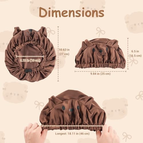 Lolalet Kids Bonnets for Girls, Adjustable Silk Baby Bonnet for Curly Hair Toddler Satin Cartoon Bonnet Cap with Elastic Band -Bear