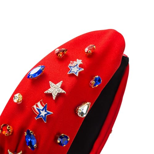 2Pcs 4th of July Headband for Women, Rhinestone Knotted Design with USA Flag Star Hair Hoop, Patriotic Independence Day Memorial Day Wide Hair Accessory with Jeweled Crystal (Red&Blue)