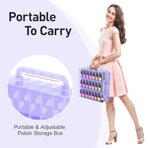 Beloving Nail Polish Organizer Case for 48 Bottles Nail Polish Holder with Adjustable Divider, Gel Nail Polish Storage Double Side Organizer Case for Storage Display, Purple