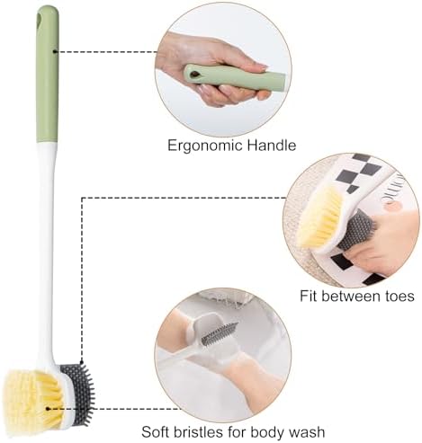 Foot Scrubber Toe Cleaning Brush, 3 Pack Shower Foot Scrubber with Long Handle, Double-Sided Silicone and Soft Bristle Brush for Skin Exfoliation, Seniors, Adults, Grey Purple Green