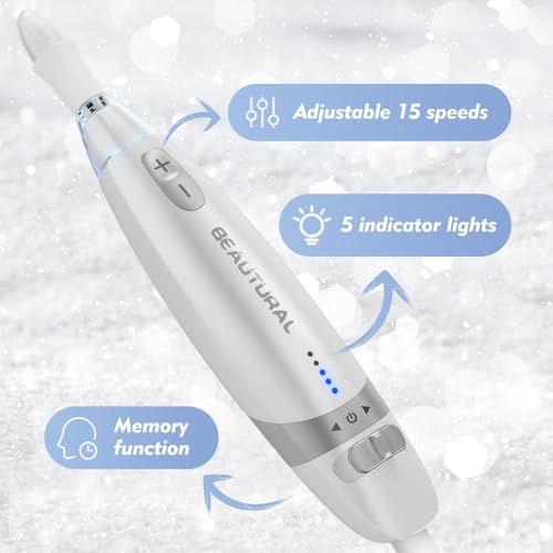 BEAUTURAL Electric Nail Drill, Professional Electric Nail File Machine with10 Attachments & 20 Sanding Bands, Low Noise Vibration for Home Nail Art Manicure Pedicure [Not Rechargeable and Cordless]