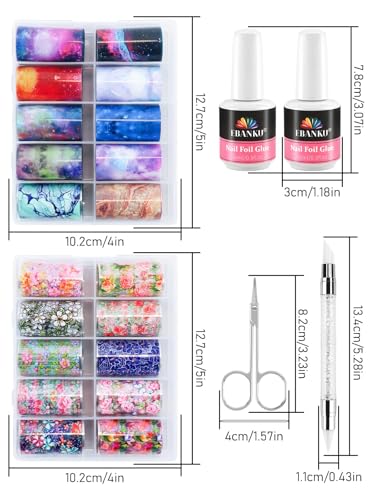 EBANKU Nail Foil Glue Gel, 20 Pcs Nail Art Foil with 30ML Nail Glue, Starry Sky Flower Stickers Transfer Foils Gels Polish Set for Art Salon or Home Use, No Nail Lamp Required