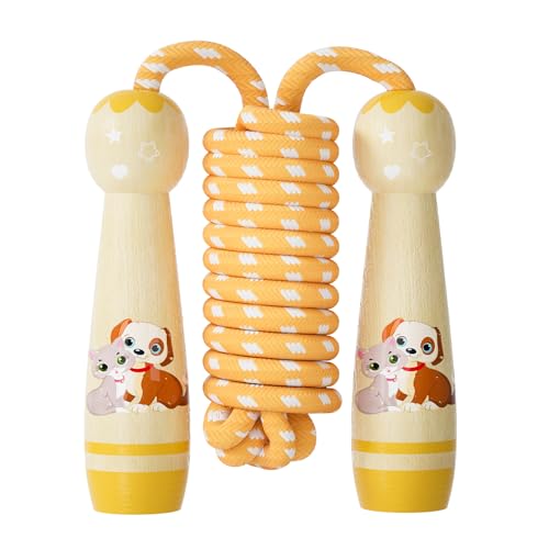 Jump Rope for Kids-Adjustable Cotton Braided Skipping Rope with Wooden Handle for Toddler Fitness Workout Exercise Outdoor Activity