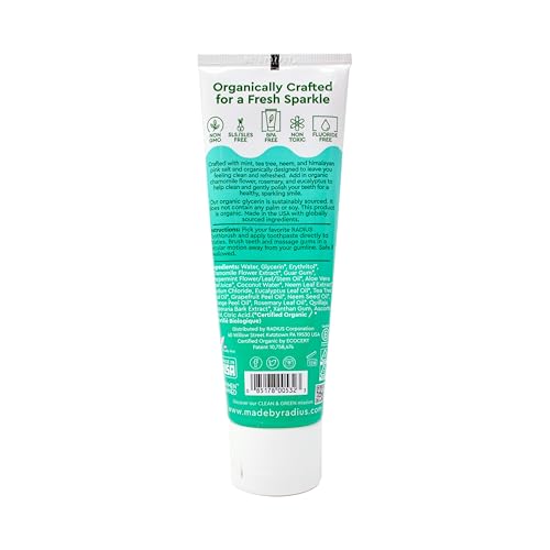 RADIUS Toothpaste, Mint Aloe Neem, 3 oz, USDA Organic Non-Toxic Chemical-Free Gluten-Free, Designed to Improve Gum Health & Prevent Cavities, Pack of 1