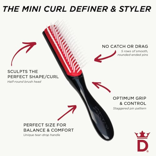 Denman Mini Curl Definer & Styler 5 Row Hairbrush for Detangling, Separating, and Defining Curls, Curly Hairbrush, Sleek Blowdrying - D14