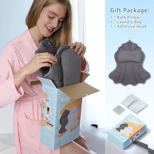 Bath Pillows for Tub, Luxury Bath Pillow Soft 4d Mesh, Bathtub Pillow with 6 Suction Cups, Ergonomic Bath Tub Pillows for Head and Neck, Bath Accessories for Women Relaxation Gifts (Grey)