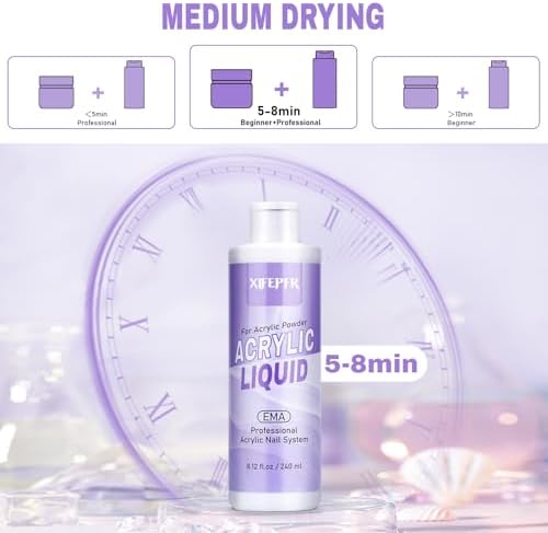 Monomer Acrylic Nail Liquid 8.12fl.oz with 3 Size Acrylic Brushes for Acrylic Powder, MMA-Free Non-Yellowing EMA Monomer Liquid for Acrylic Nail Extension & Carving, DIY Home & Nail Salon Use