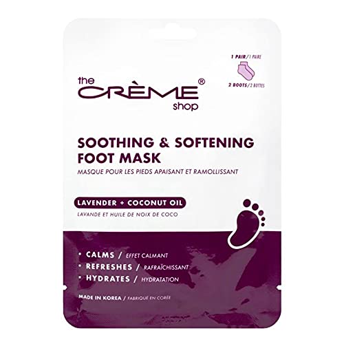 The Crème Shop Soothing & Softening Foot Mask, Coconut Oil and Lavender Foot Mask for Aching Feet, Korean Foot Mask Hydrates and Calms for Foot Swelling Relief, Foot Softening Treatment