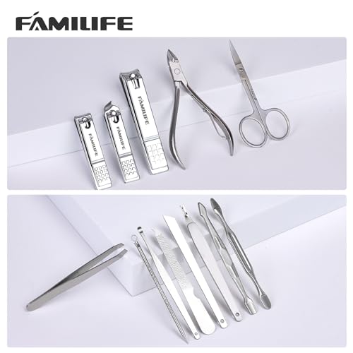FAMILIFE Manicure Set, Nail Professional Kit Manicure Kits Nail Clipper Sets, 13PCS Stainless Steel Pedicure Sets Mens Grooming Tool, with Brown Leather Travel Case for Men