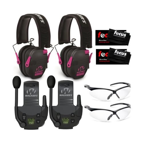 Walker's Razor Slim Electronic Muff (Black/Pink, 2-Pack) Bundle Tactical/Hunting Walkie Talkie (2-Pack), Sport Shooting Glasses (2-Pack) and Microfiber Cleaning Cloth (2-Pack) (4 Items)