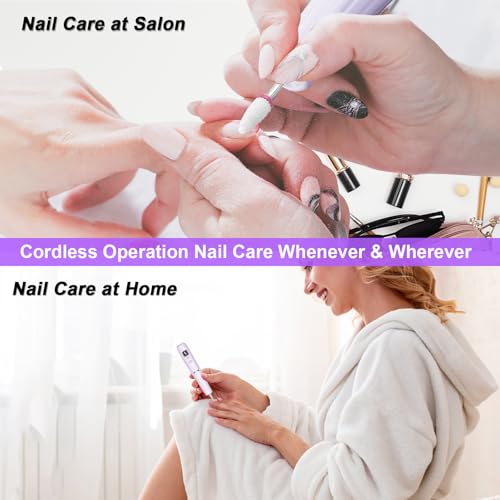AOMEES Portable Electric Nail File, Cordless Nail Drill with Light for Acrylic, Gel Nails, 12 in 1 Personal Polish Manicure Tools with Nail Drill Bits for Salon Home Use (Lavender)