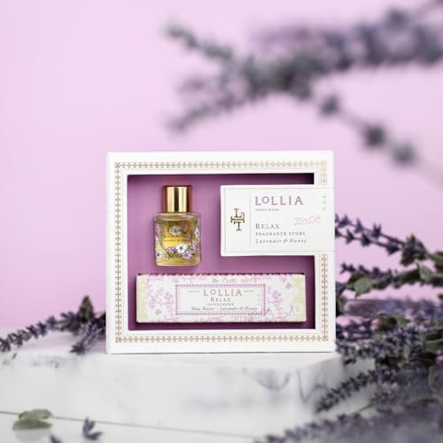 Lollia Relax Fragrance Story Gift Set – .16 fl. oz. Eau de Parfum & .33 oz. Petite Treat Handcreme – Lavender & Honey – Shea Butter Hand Cream for Women, Travel Size Perfume, Hand Lotion for Dry Hands
