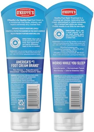 O'Keeffe's for Healthy Feet Foot Cream; 3.0 Ounce Tube and O'Keeffe's for Healthy Feet Night Treatment Foot Cream; 3.0 Ounce Tube; Relieves Extremely Dry; Cracked Feet