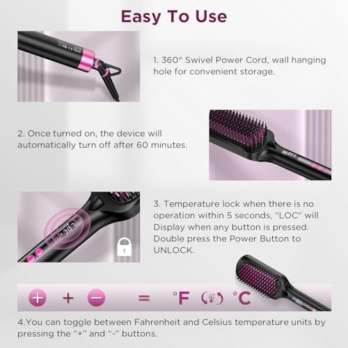 30s Fast Heating Hair Straightener Brush - Ionic Anti-Frizz, Anti-Scald, Auto Temp Lock & Auto-Off, Worldwide Voltage, Black
