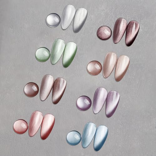 MIZHSE Cat Eye Gel Nail Polish, 8 Colors Ceramic Magnetic Gel Polish Set with Magnet Stick, Glass Effect Crystal Shimmery Silver Brown Green Purple Colors Soak Off Nail Art Salon Home Gift for Women