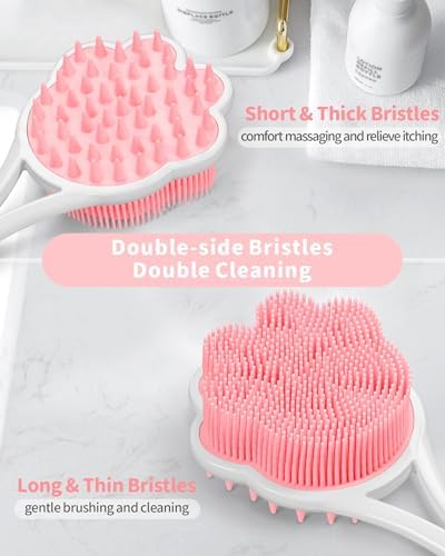Manmihealth 15.7" Cute Silicone Back Scrubber & Soft Shower Brush Face Scrubber Set (3 PCS), Paw-Shaped Silicone Back Brush & Body Facial Scrubber with Super-Soft Bristles Combination(PinkSet)