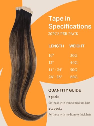 DOORES Tape in Hair Extensions Human Hair, Balayage Dark Brown to Chestnut Brown 50g 20pcs 18 Inch, Human Hair Extensions Natural Remy Straight Hair Skin Weft