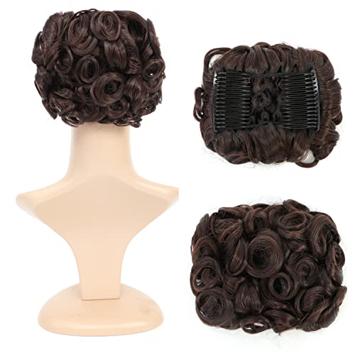 SWACC Short Messy Curly Dish Hair Bun Extension Easy Stretch hair Combs Clip in Ponytail Extension Scrunchie Chignon Tray Ponytail Hairpieces (Darkest Brown & Dark Auburn Mixed-2/33)