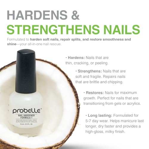 Probelle Nail Hardener Formula 1 - Repair Damaged Nails, Extra Strong Nail Growth Base Coat For Brittle Nails, Grows and Strengthens Soft, Weak Nails, Aids Splitting, Breaking, Peeling Nails