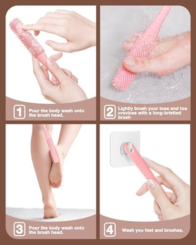 4 Pack Toe Cleaning Brush Set,Long Handle Bath Toe Brush Scrubber Bathroom for Seniors Elderly Men and Women (Pink)