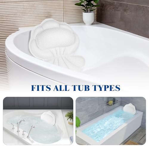Bath Pillows for Tub, Afitton Luxury Bath Pillow Bathtub Pillow Headrest Neck and Back Support - with 4D Air Mesh Fabric & 6 Powerful Suction Cups, Ergonomic Bath Accessories Spa Gifts for Women Men