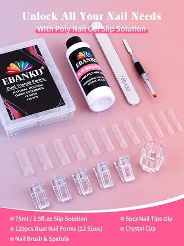 EBANKU Poly Gel Toenail Kit, Reusable Toe Dual Nail Forms with 2.5oz Slip Solution Poly Gel Nail Kit for Toe Nail Tips for Women with Double-end Brush, File, Clips, Liquid Container, 120PCS, 120 Sizes