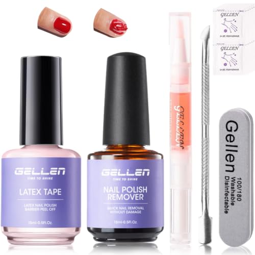 Gellen Gel Polish Remover Kit for Nails, Gel Nail Polish Remover 3-5 Minutes Removal, Pink Liquid Latex Tape Easy to Peel Off, with Manicure Tools, Fast & Easy Removedor de Esmalte Gel