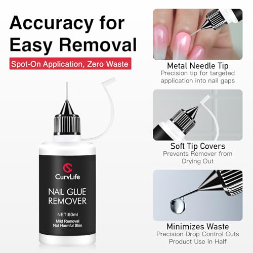 Curvlife Pinpoint Nail Glue Remover for Press on, 60ml Nail Remover for Nails Tips, Gentle Glue Remover for Gel x Nails, Non-Acetone Nail Polish Remover