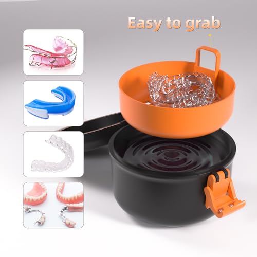 ARGOMAX Leak Proof Retainer Cleaner Case, Denture Cups for Soaking Dentures, Denture Travel Case (Black + Orange).