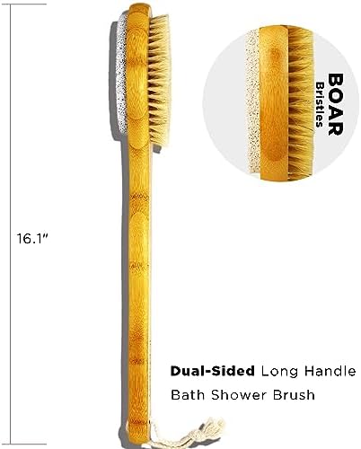 2 in 1 Long Handle Bath&Shower Brush,Bath Scrubber,Boar Bristle with Pumice Stone Exfoliate & Soften Skin,Dry Brushing Body Brush for Cellulite&Lymphatic Drainage