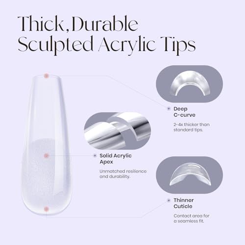 Angeles Tipex Instant Apex Nail Tips: Long Coffin, Full Cover Gel, Thicker Acrylic, Strong Hard Clear Pre-etched Press-on Nails