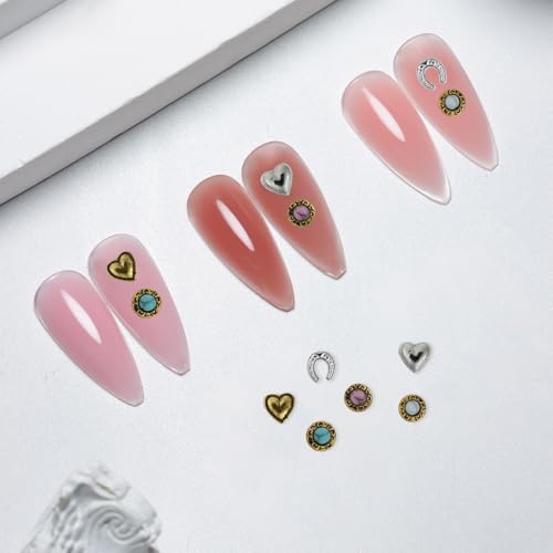 30 PCS Western Nail Charms - 3D Vintage Cowboy Cowgirl Nail Charms, Turquoise, Gold, Silver, Pink, Blue Retro Metal Gem Western Art Stickers Accessories for DIY