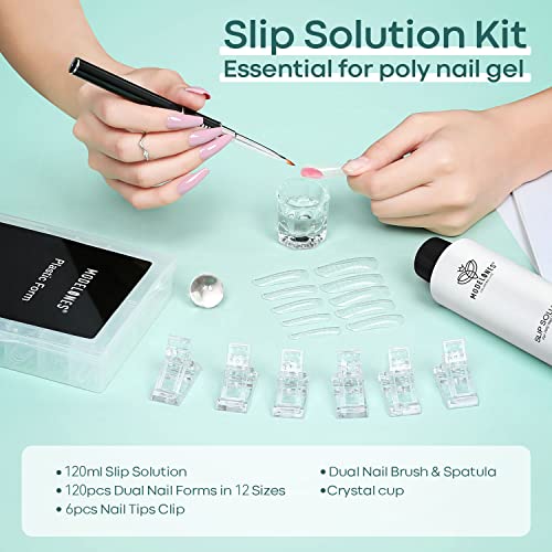 Modelones Slip Solution for Poly Gel, Anti-Stick Gel Nail Extension Complete Kit with Nail Forms Tips Clips Art Tool DIY at Home