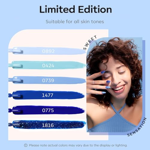 modelones Blue Gel Nail Polish Set 6 Colors, Royal Blue Sky Blue Glitter Navy Blue Nail Gel Polish Kit Light to Dark Shades Soak Off Pastel Spring Nail Art Gel Salon DIY Manicure Gift for Women Girl